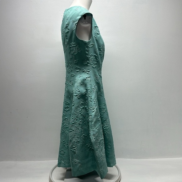 Talbot Runhof Dress Midi Fit Flare Sleeveless Floral 3D Embossed Teal Blue Small - Picture 7 of 13